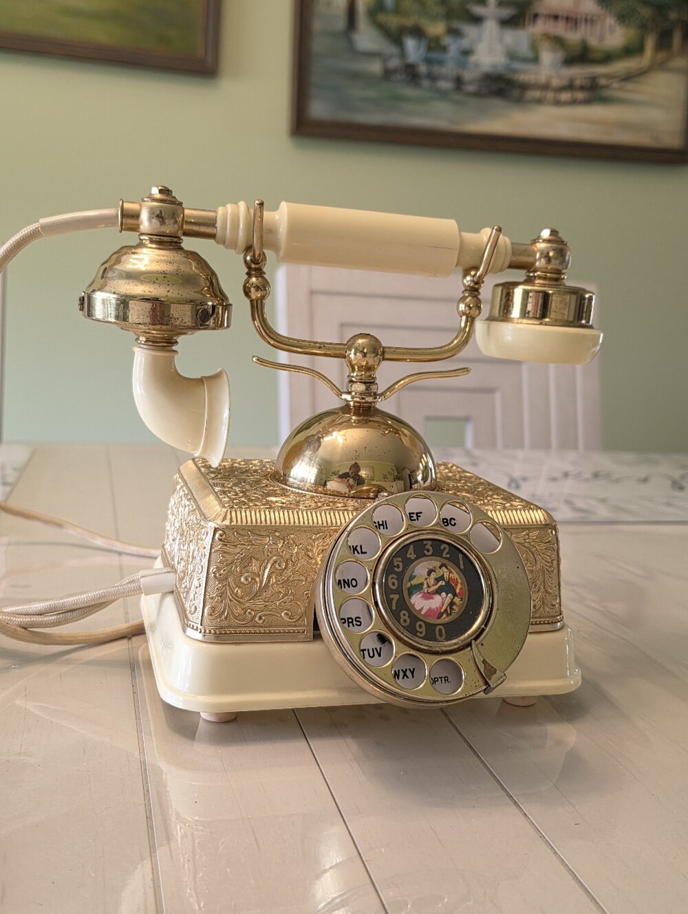 Vintage-Style Gold & Cream Rotary Desk Phone
